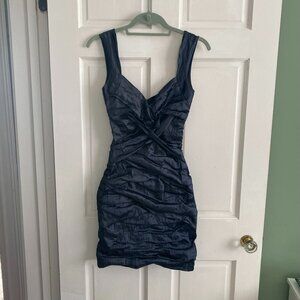 Elegant Nicole Miller ruched cocktail dress in deep blue satin